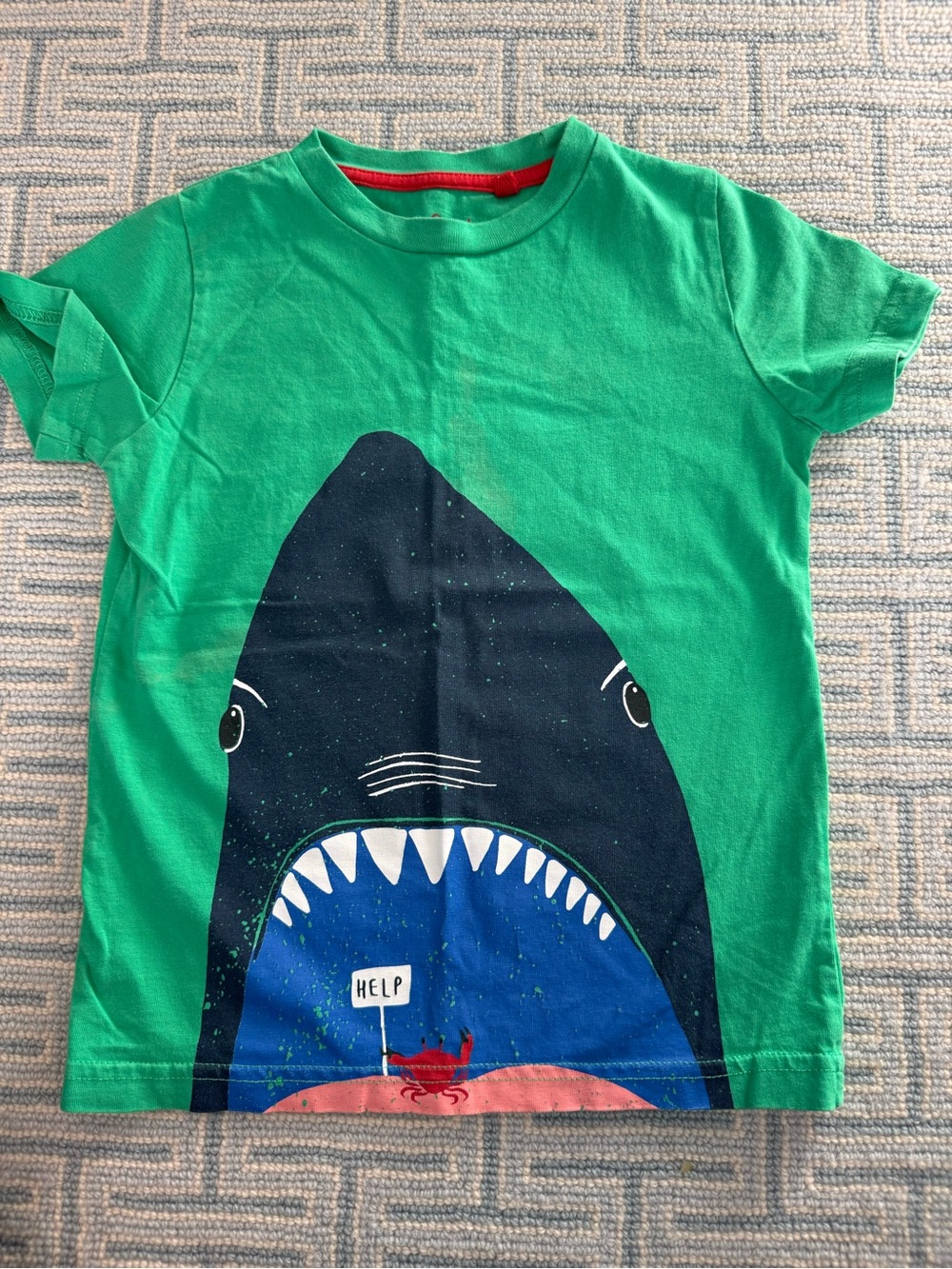Mini Boden Bright Green Tee with Navy Shark Graphic